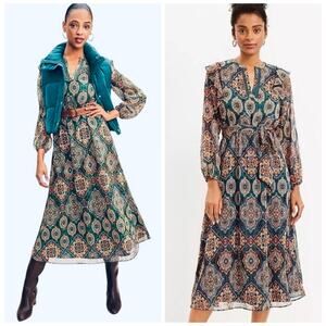NWT LOFT Tapestry Ruffle V-Neck Midi Dress Teal Shadow Boho Fall Holiday Chic S